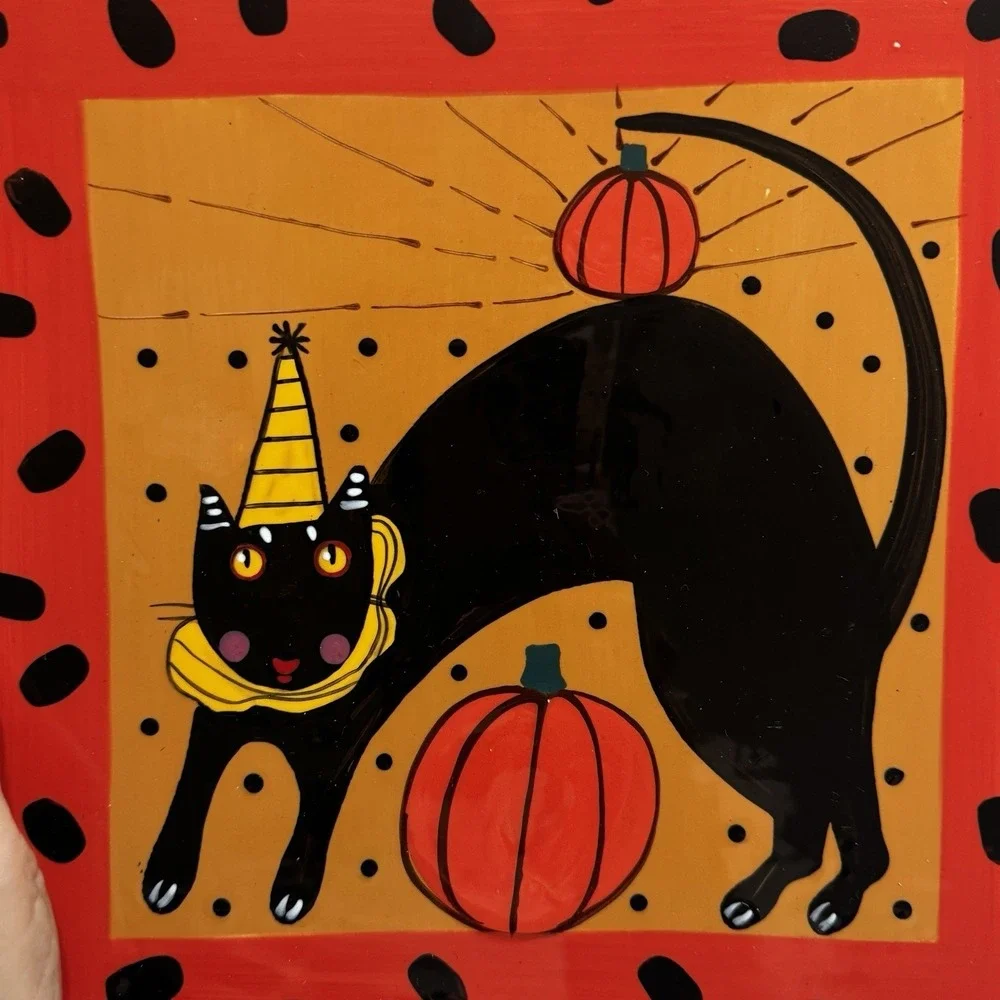 Sharon Bloom Handpainted Halloween Black Cat Ceramic Plate Hanger Wall Art 9.5
